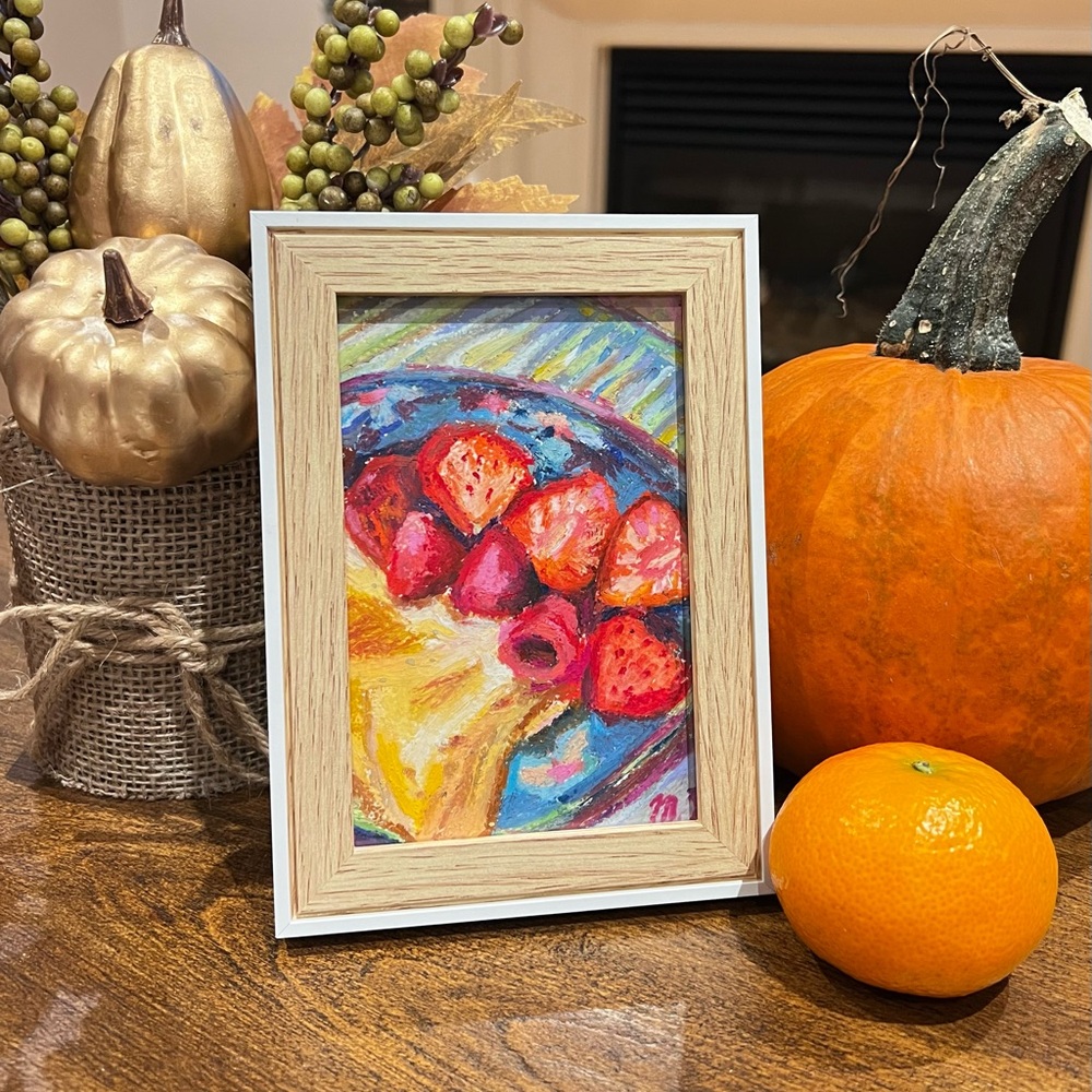 Original Oil Pastel Art – Strawberries & Breakfast Still Life (Framed)